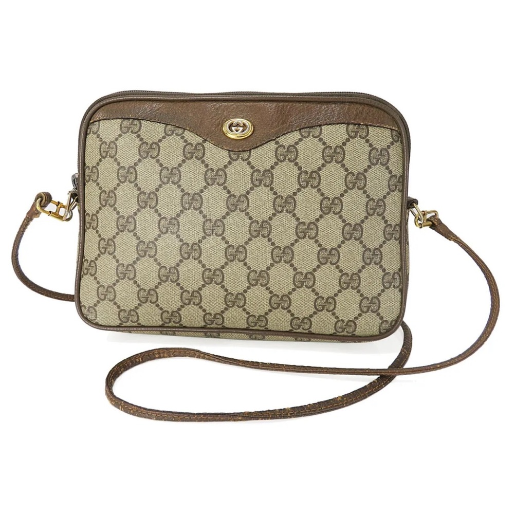 Auth Vintage GUCCI Brown GG PVC Canvas and Leather Crossbody Shoulder Bag